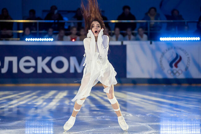 KRASNOYARSK, RUSSIA - DECEMBER 29, 2019: Athlete Yevgenia Medvedeva performs during an exhibition gala at the 2020 Russian Figure Skating Championships held